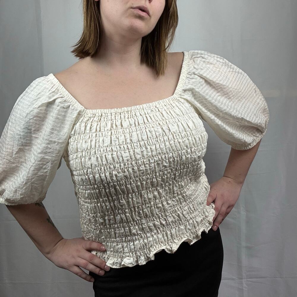 Old Navy Cream Smocked Short Puff Sleeve Off Shoulder Top Cottage Boho NWOT XL